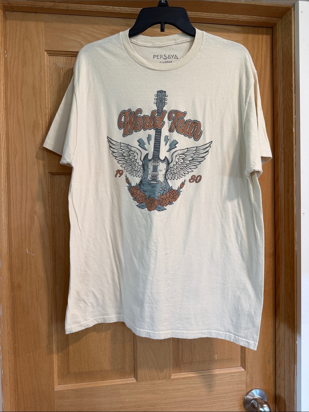 Persaya Cream 'World Tour' Guitar Graphic Tee with Blue & Brown Accents